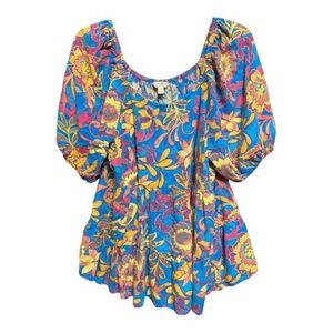 Terra & Sky Floral Puff Sleeve Top - Multicolor 0X